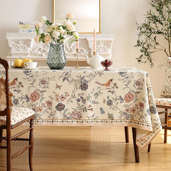 ISAENNE Designer French Light Beige Square Tablecloth,Linen Florals and Birds Pattern Table Cloth,Anti-Wrinkle Decorative Tablecloths for Dining Thanksgiving Kitchen Party,67"*67"-Cornucopia