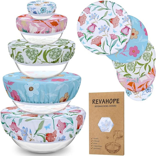 5-Size Reusable Beeswax Bowl Covers for Bread Proofing, Cotton Cloth Flexible Beeswax Wraps for Food Storage(Bellflower)
