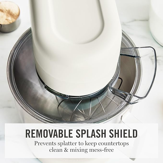 Martha Stewart  Tilt-Head Stand Mixer, 12 Speed, 5.3QT Stainless Steel Bowl, Splash Guard with Pour Chute, Whisk, Dough Hook, Flat Beater, Electric Kitchen Baking Mixer, Bread, Cake, Whip, Linen White