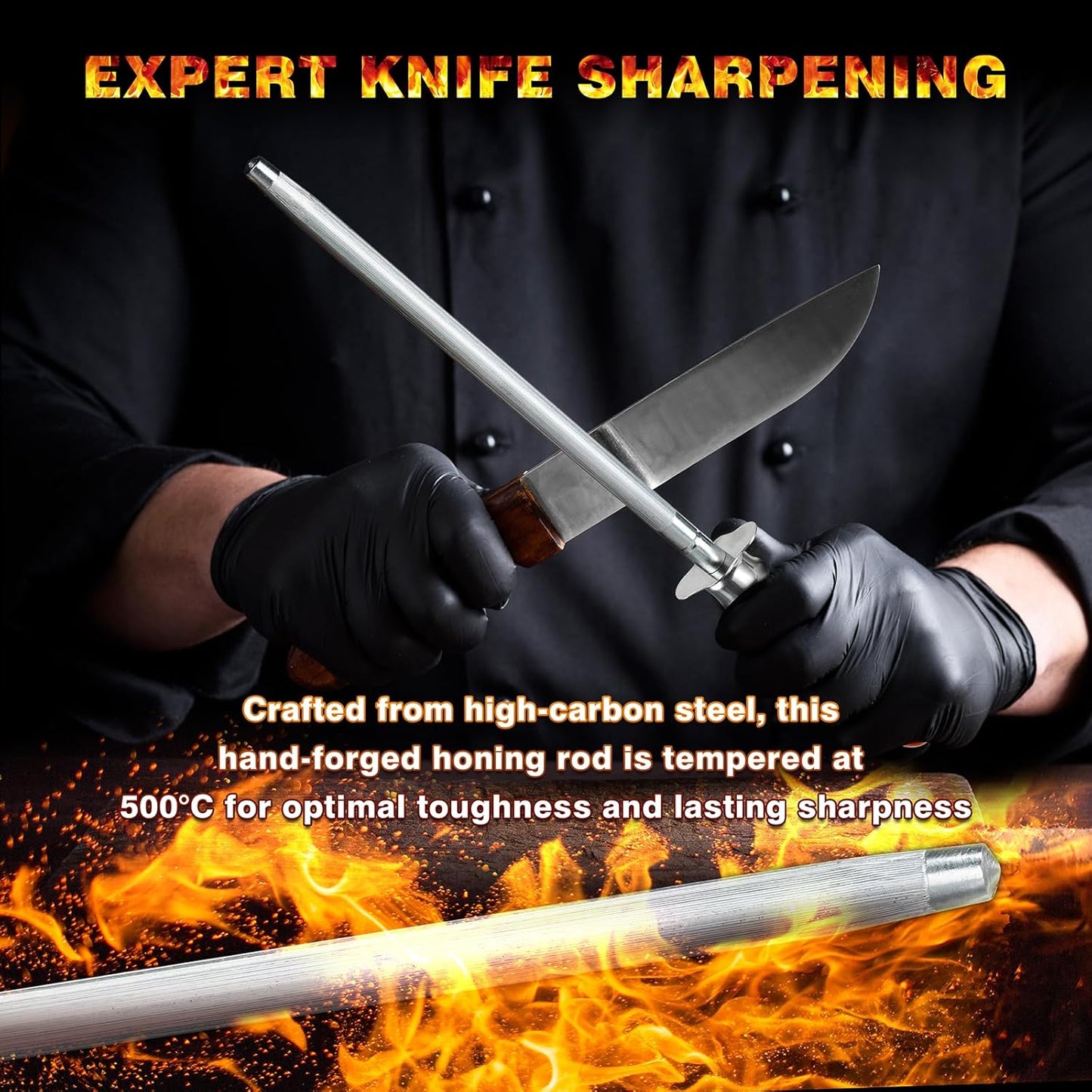 Knife Sharpener Rod, Kitchen Knives Sharpener Carbon Steel Professional Knife Sharpening Steel, Honing Rod with Hanging Holes (13 inches), D