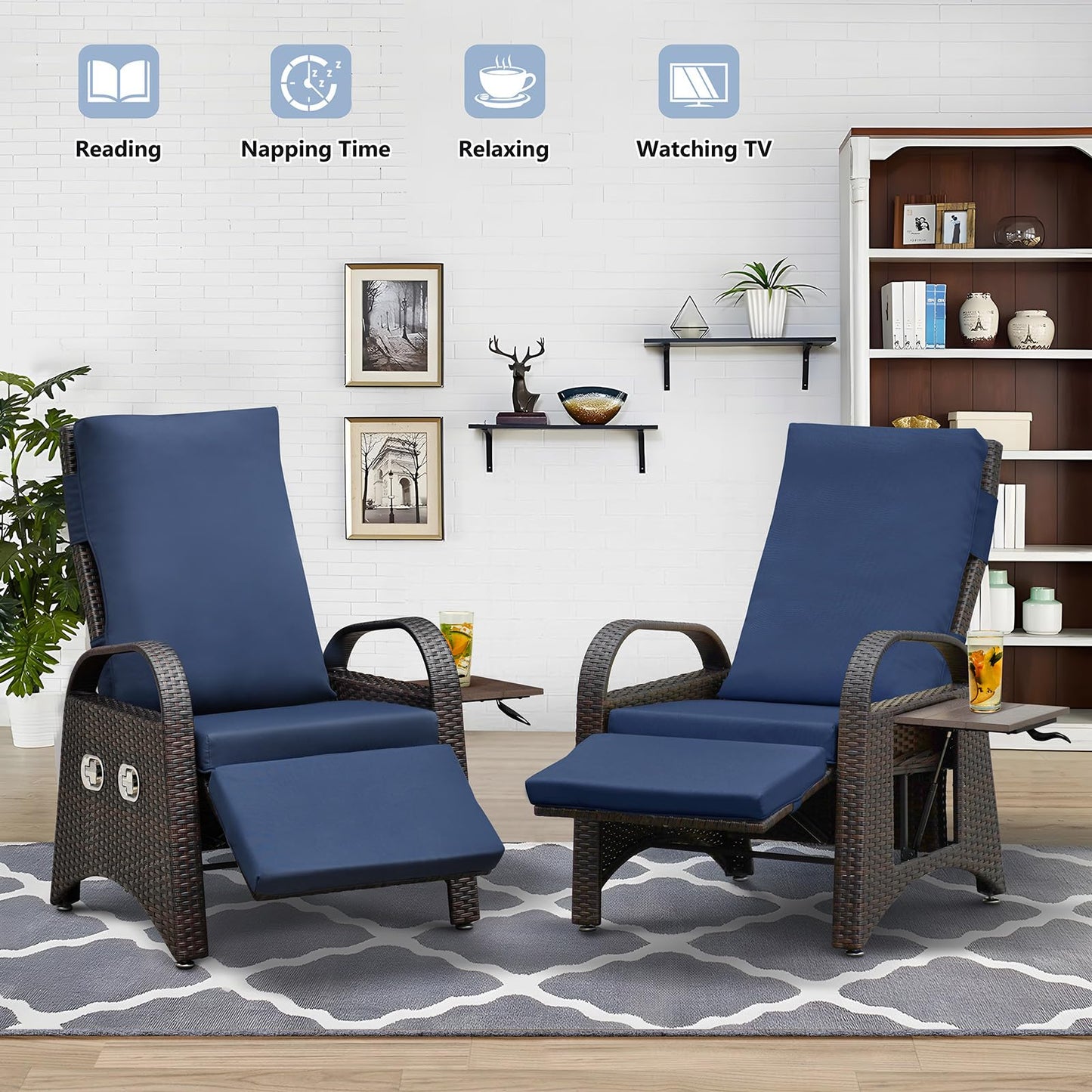Skypatio Outdoor Wicker Recliner Chair with Side Table, Adjustable Backrest Footrest Patio Recliner Lounge Chair, All-Weather Resin Wicker Reclining Patio Chairs, Navy Blue