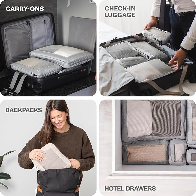 Aerotrunk Compression Packing Cubes for Travel - Luggage Organizer Bags - Double Zipper Packing Cubes for Suitcases (2-Pack, Light Grey)