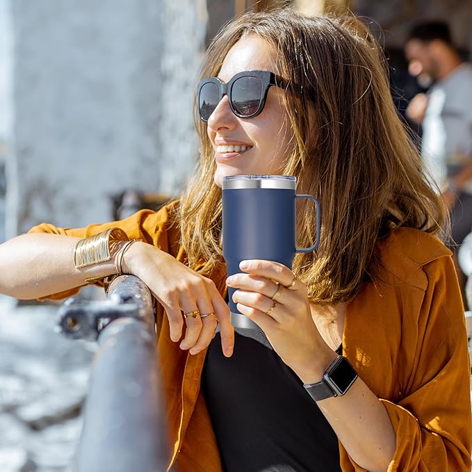 20 oz Stainless Steel Tumbler with Handle Bulk Metal Insulated Tumblers Travel Coffee Mug with Handle Double Wall Tumbler Cup with Lid and Straw, Navy 12 Pack