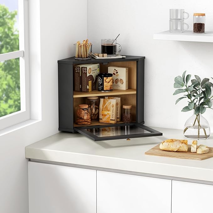 Goozii Corner Bread Box for Kitchen Countertop, Black Bread Storage Container for Homemade Bread, Two Layer Breadbox under Cabinet Mount, Large Bread Holder for Kitchen Counter, Pantry Shelf