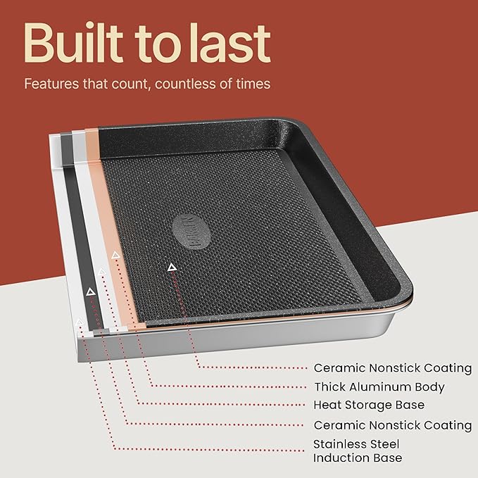 Diamond Bottom Cookie Sheet Set of 2, Nonstick Gray Marble Carbon Steel Baking Pans for Crisp Baking, Space-Saving Stackable Trays, PFOA, PFOS, PTFE Free, Oven Safe Up to 450°F, Small & Medium Pans