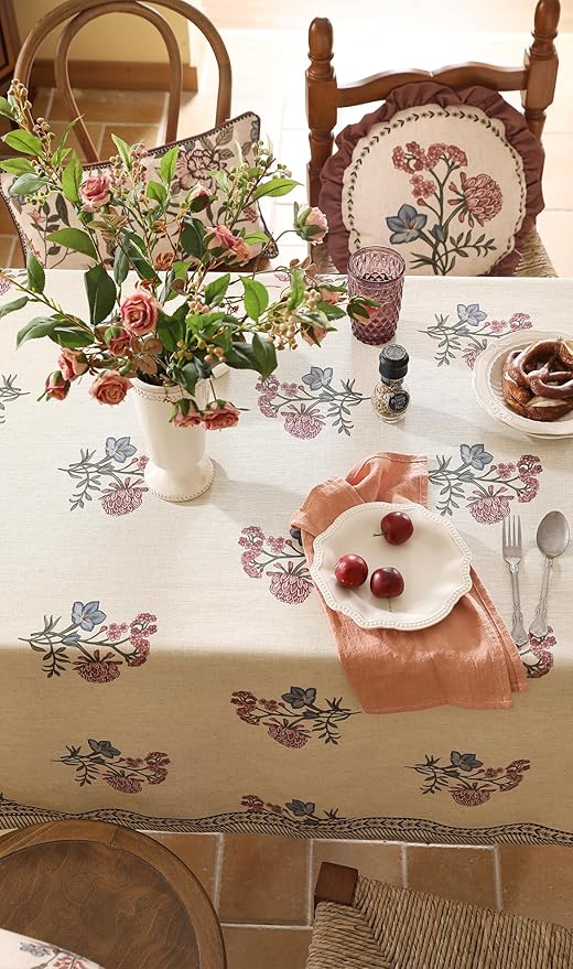 ISAENNE Designer Linen Light Beige Small Rectangle Tablecloth,French Colorful Floral Table Cloth,Stain Resistant Decor Tablecloths for Dining Thanksgiving Christmas Kitchen,55"*71"-Helena E