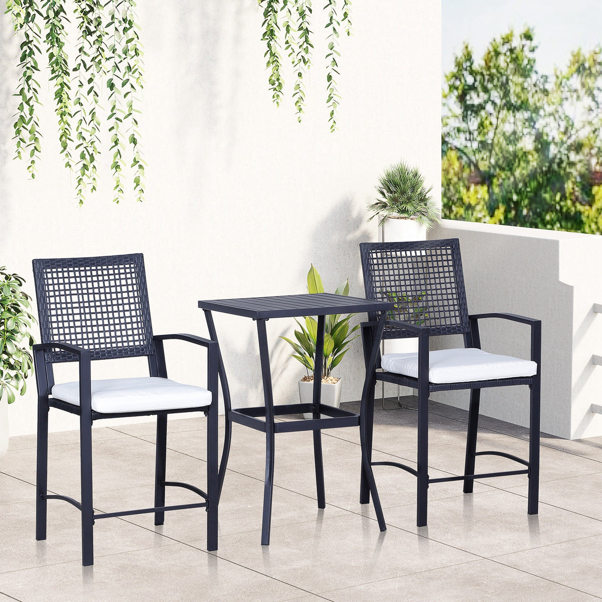 3pcs Patio Bar Set with Soft Cushion, Rattan Wicker Outdoor Furniture Set for Backyards, Lawn, Deck, Poolside