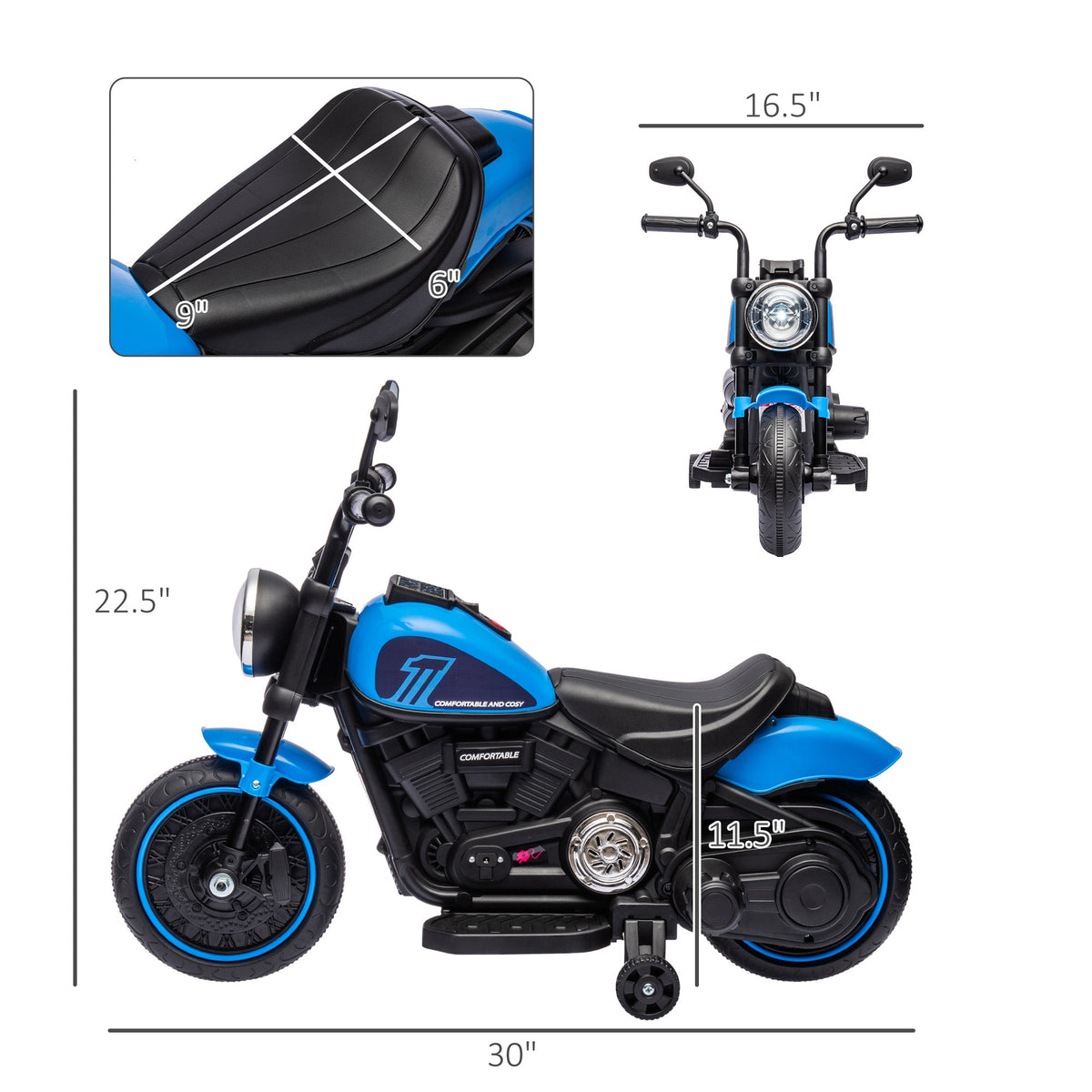 6V Kids Motorcycle w/ Training Wheels, Single-Button Start, Blue