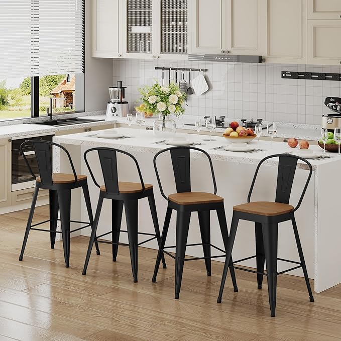 Andeworld Metal Bar Stools Set of 2, 24 inch Counter Height Barstools with Backs Farmhouse Modern High Back Bar Stools with Larger Seat Kitchen Dining Bar Chairs,Matte Black