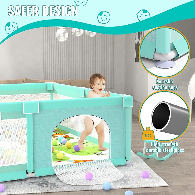 LUTIKIANG 79" x 71" Baby Playpen with Mat, Play Yard for Babies and Toddlers, Indoor/Outdoor Gate, Large Play Pen for Safety, Playtime, and Fun (Green)