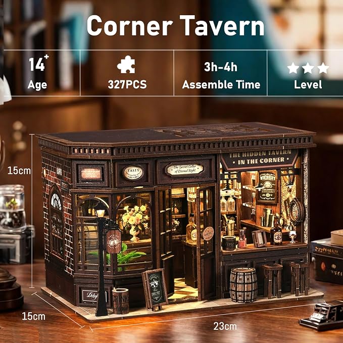 ISSEVE Book Nook Kit - DIY Miniature House Kit for Adults, Teens and Beginners, Corner Tavern Dollhouse Booknook Tiny House Bookshelf Decor 3D Wooden Puzzle, Gifts for Friends Family (Corner Tavern)