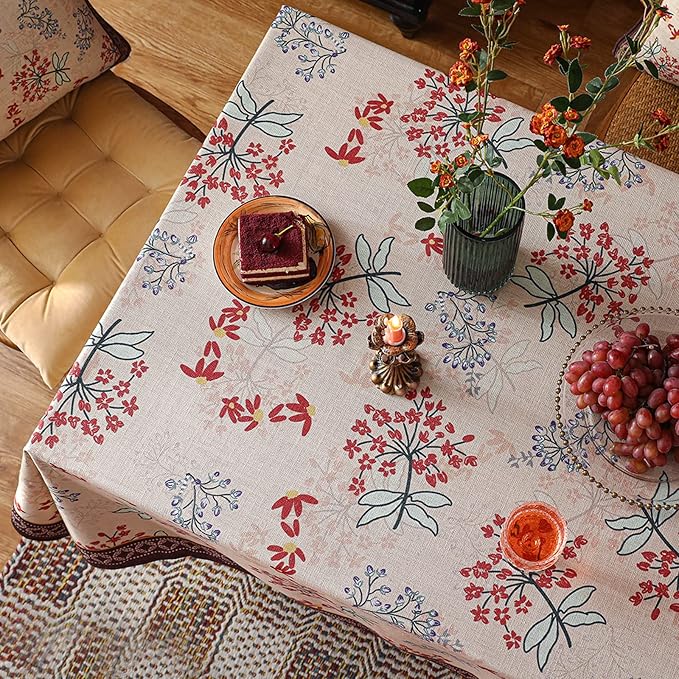 patdrea Designer French Linen Long Rectangle Tablecloth for Rectangle Table,Vintage Red Floral Tablecloths,Table Cover for Kitchen Dining,Tea Party,Christmas,Thanksgiving,Holiday,63"x102"-Newmari