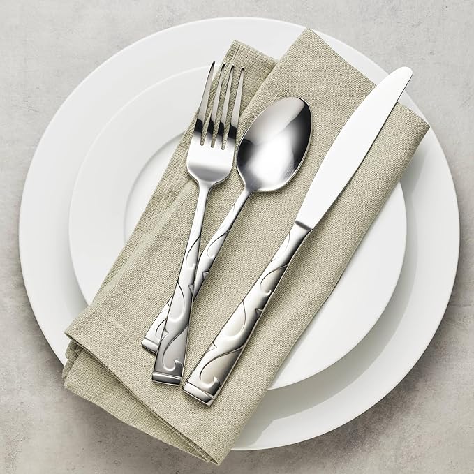 Oneida Silverware Set For 8, Tuscany 45-Piece Everyday Flatware Set with Serving Utensils, Service For 8, 18/0 Stainless Steel, Dishwasher Safe, Knives Spoons And Forks Sets, Dining (Silver, 45 Piece)