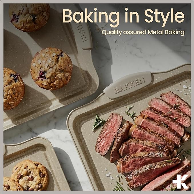 BAKKENMASTER Deluxe 8-Piece Carbon Steel Bakeware Set - Nonstick White Marble Coating, Silicone Handles - Professional Quality Kitchen Oven Baking Pans