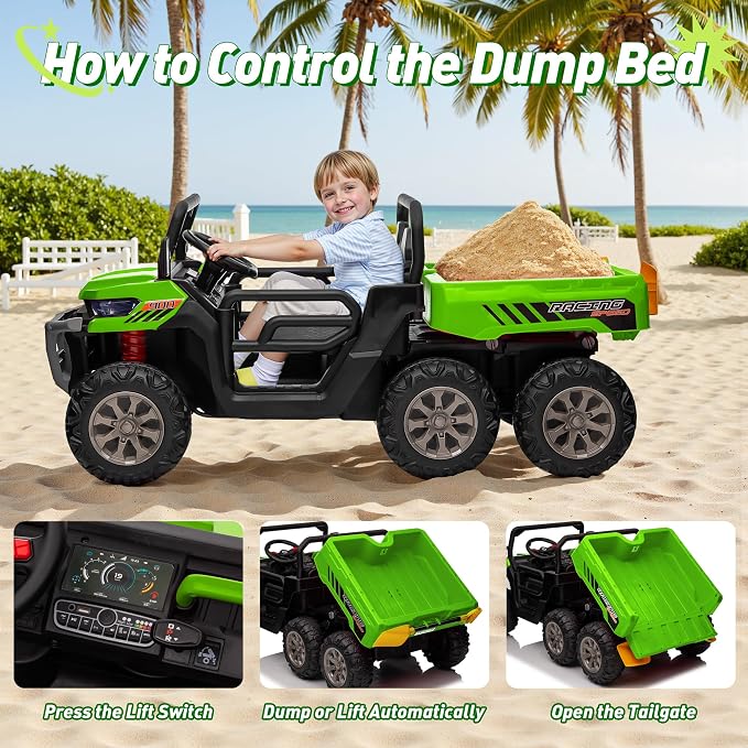 24V Ride on Dump Truck, XL 2 Seater Ride on Cars with Remote Control, 4x200W Powerful Motors, 6-Wheel Suspensions, Electric Dump Bed, Shovel, Kids UTV for Boy Girl