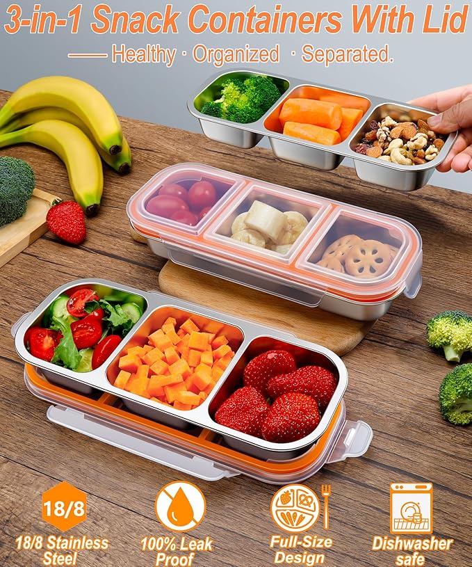 KTKUDY 3 Pack Stainless Steel Snack Container for Kids & Adults - Large - Leak-Proof 3-Compartment Stackable Snack Lunch Box for Daycare, School, Work & Travel