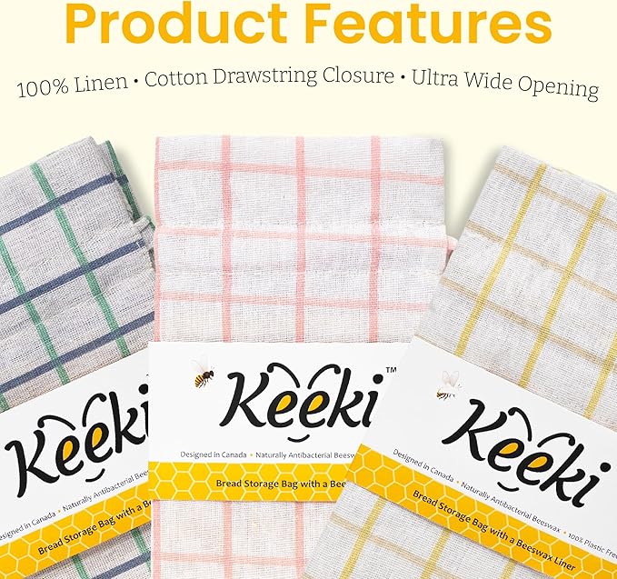 Keeki Bag - The Original Beeswax Lined Bread Bag for Homemade & Sourdough | Reusable Linen Bread Storage | Beeswax Wrap Alternative | Plastic-Free Storage w/Wide Drawstring Closure (Natural)