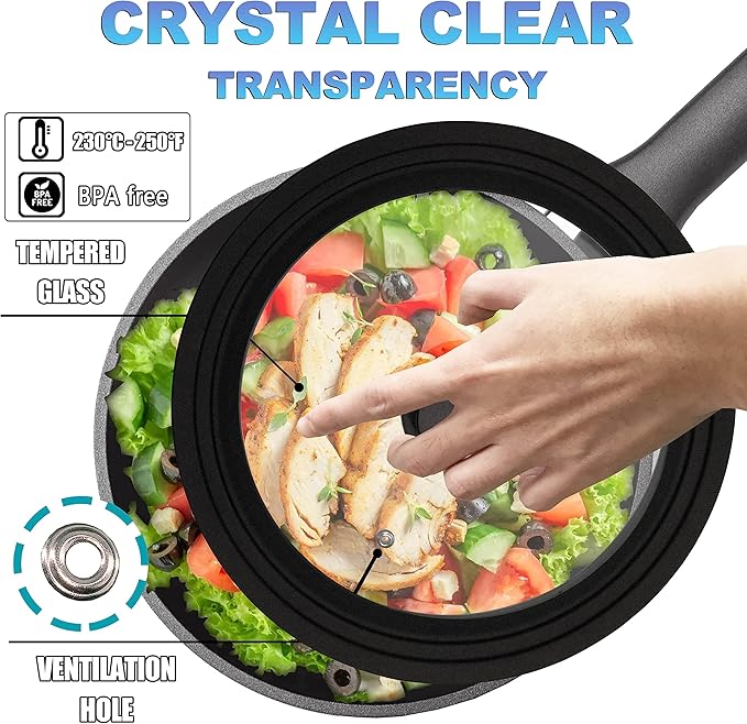 Lerykin Tempered Glass Lid - Universal Lid with Heat Resistant Silicone Rim for Pots, Pans and Skillets - Pan Cover Replacement Lid Fits 11", 12" and 12.5" Diameter Cookware