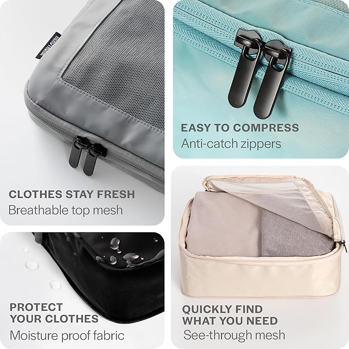 Aerotrunk Compression Packing Cubes for Travel - Luggage Organizer Bags - Double Zipper Packing Cubes for Suitcases (6-Pack, Teal)