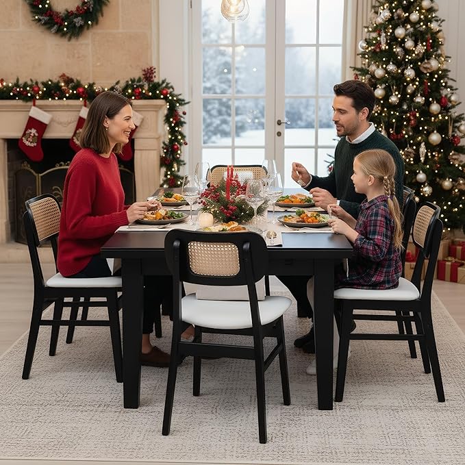 Black Rattan Dining Chairs Set of 4 Lambswool Dining Room Chairs Natural Wooden Kitchen Chairs Farmhouse Boho