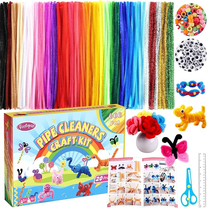 800pcs Pipe Cleaners Crafts Kit, 30 Colors Pipe Cleaners Bulk with 20 Designs Instruction Book, Colorful Chenille Stems for Animal Flower Creative Projects DIY, Arts and Crafts for Kids Ages 4-12