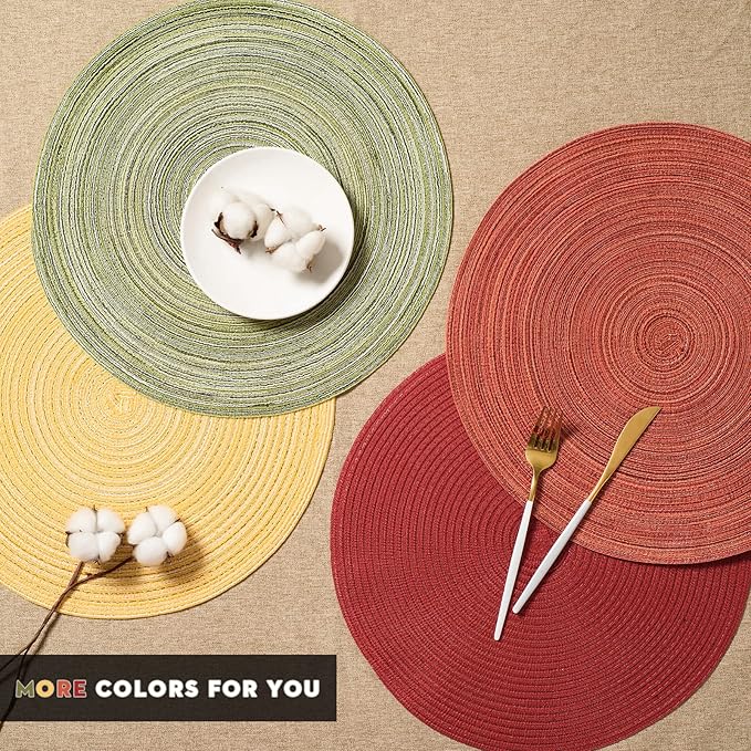 FunWheat Round Braided Placemats Set of 6 Place mats for Dining Tables Woven Heat Resistant Table Mats 15 inch for Fall(Orange)
