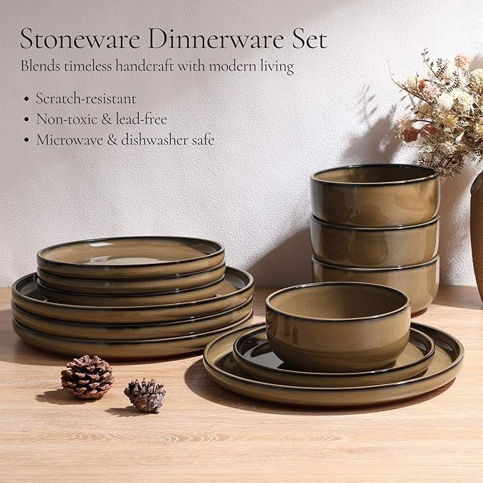 E-far Stoneware Dinnerware Sets for 6, 18 Pieces Reactive Glaze Plates and Bowls Sets, Elegant Dishes with Rustic Terracotta Clay Base, Dishwasher & Microwave Safe, Scratch Resistant, Deep Camel