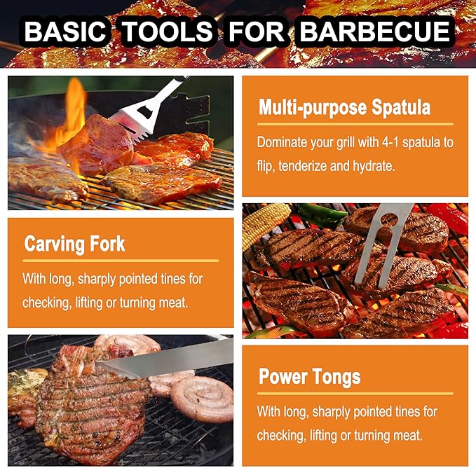 grilljoy 24PCS BBQ Grill Tools Set with Meat Thermometer and Injector - Extra Thick Stainless Steel Fork, Spatula& Tongs - Complete BBQ Accessories in Aluminum Case - Perfect Grill Gifts for Men Grey