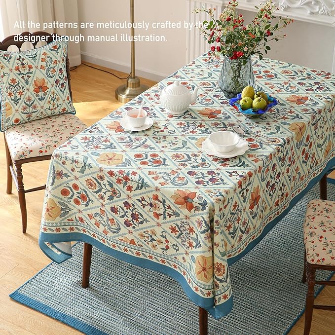 ISAENNE Designer Linen Elegant Long Rectangle Table Cloth,Colorful Floral Bohemian Tablecloth,Wrinkle Resistant Decor Tablecloths for Dining Thanksgiving Kitchen,63"*94"-Floralsea A