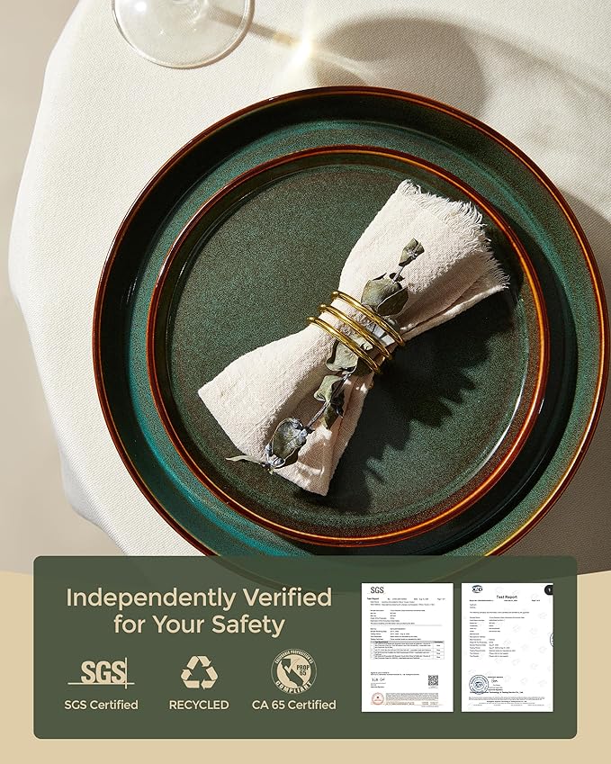 Pokini Plates and Bowls Sets for 8, Ceramic Dinnerware Sets, Kitchen Dish Set, Microwave & Dishwasher Safe Dishware, Highly Durable Handcrafted Dinner Set, Brown Green