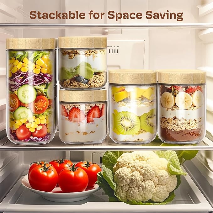 4 Pack 10oz Overnight Oats Containers with Bamboo Lids, Glass Jars with Airtight Lids for Meal Prep, Wide Mouth Mason Salad Jars, Glass Food Storage Container for Yogurt Chia Snacks Spice Sugar