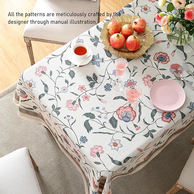 ISAENNE Designer Chinoiserie Linen Floral Long Tablecloth Rectangle,White Wrinkle Resistant Table Cloth,Elegant Decor Tablecloths for Dining Thanksgiving Kitchen Party Christmas,63"*94"-Daffy