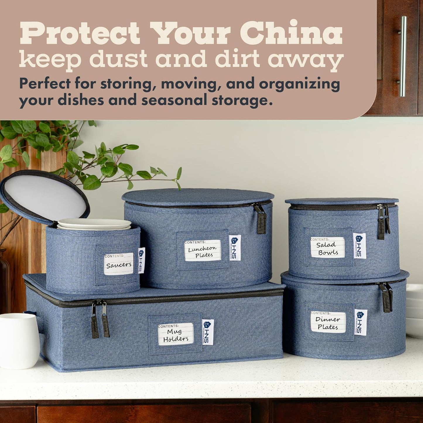 Saucers Storage Container - Hard Shell China Organizer with Dividers - Holds 12 Plates of 7" - Durable & Stackable Storage Box for Seasonal Dishware Protection - Denim Blue
