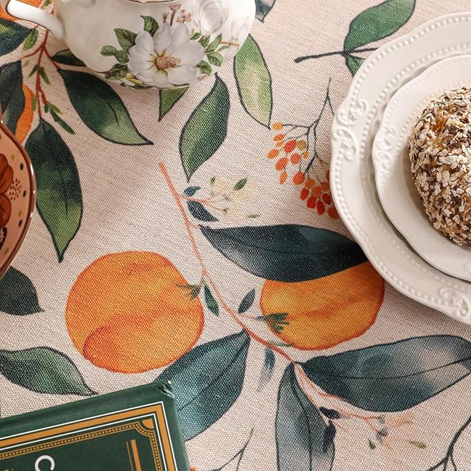 patdrea Designer Vintage Linen Rectangle Table Cloth,Framhouse Oranges and Leaves Pattern French Tablecloth,Fall Decor Cover for Kitchen Dining Christmas,Thanksgiving,55"x87"-Palladin a