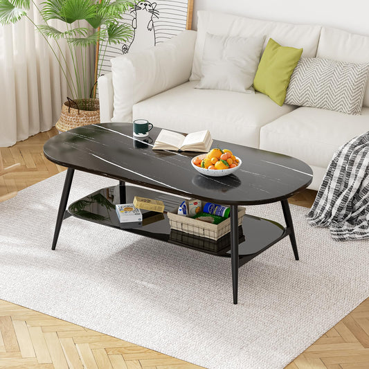 Coffee Tables for Living Room, Black Coffee Table with Glass Shelves, Spacious Oval-Shaped Mid Century Modern Coffee Table