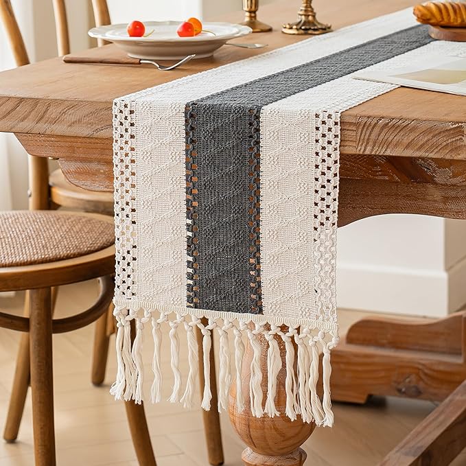 FEXIA Boho Table Runner for Christmas Home Decor with Tassels 72 Inches Long Farmhouse Grey Rustic Table Runner Macrame Burlap Table Decoration for Living Room Bridal Shower(12x72 Inches)