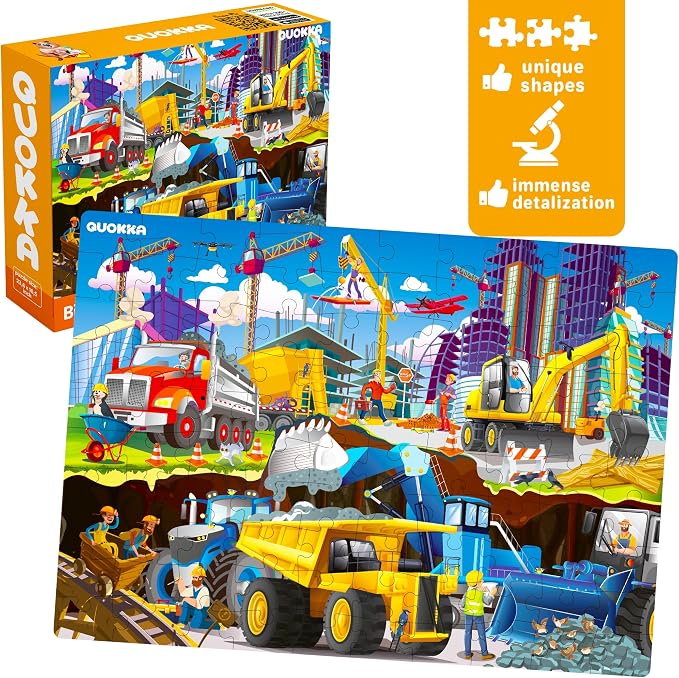 QUOKKA 100 Piece Puzzles for Kids Ages 4-6 – 3 Floor Puzzles for Toddlers 3-5 – Toy for Learning Pirates & Constructions & Animals for 6-8 yo – Jigsaw Toddler Game for Boy and Girl