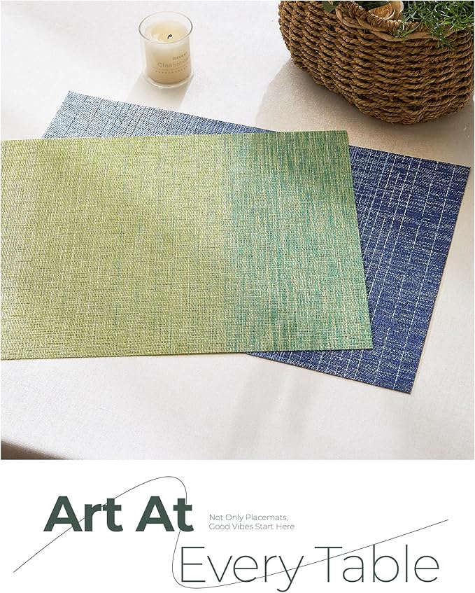 Leetaltree Gradient Green Woven Placemats Set of 8 - Heat Resistant Non-Slip Place mats for Dining Table, Washable Durable PVC Vinyl Woven Table Mats(Gradient Green, 8)