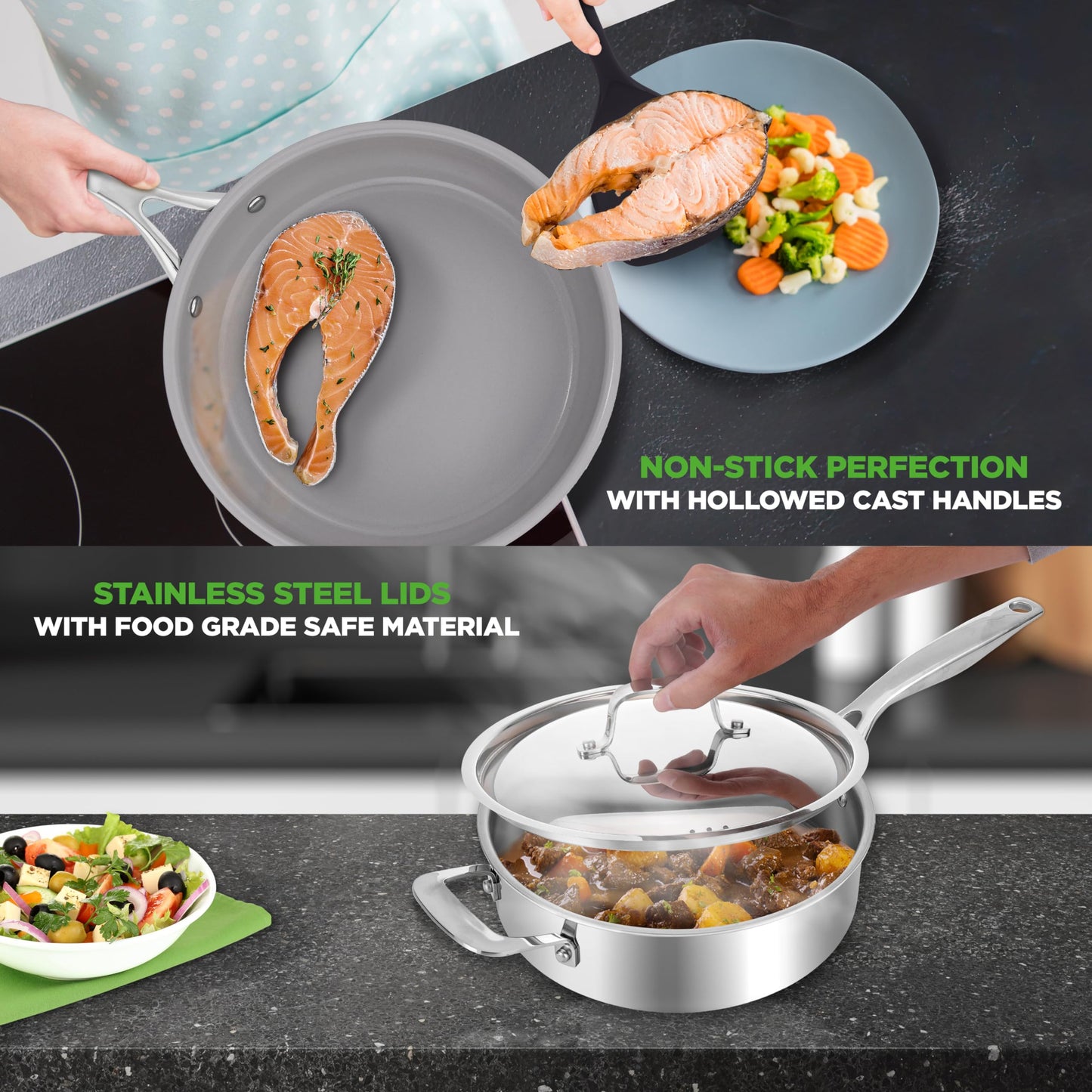 NutriChef 12-Piece Stainless Steel Kitchenware - Pots & Pans Set Clad Kitchen Cookware w/Steel Handles,Fry Pan Interior Coated w/Prestige Ceramic Non-Stick Coating,Stylish Kitchen Cookware, NCSSX45