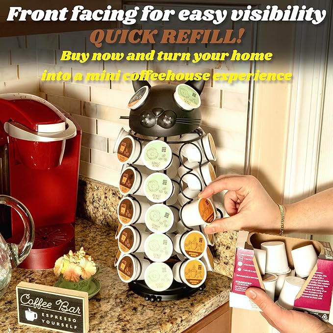Made Easy Kit Carousel Coffee Pod Holder - Compatible with Keurig K-Pods K-Cups - Countertop 360 Spin Rack Storage Organizer - Revolving Base - Capsule Café Station Bar (Cat Black, Large)