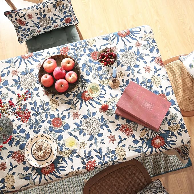 patdrea Designer Blue Tablecloth for Rectangle Table,Vintage Linen Leaves and Floral Pattern Extra Long Tablecloths,Farmhouse Decor Cover for Kitchen Dining Christmas,Thanksgiving,63"x110"-Ivar a