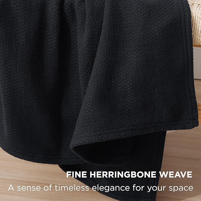 Bedsure 100% Cotton Blanket King Size for Bed - Breathable and Lightweight, Soft Cozy Textured Herringbone Woven Blanket for Summer Spring, Black, 108x90 inches