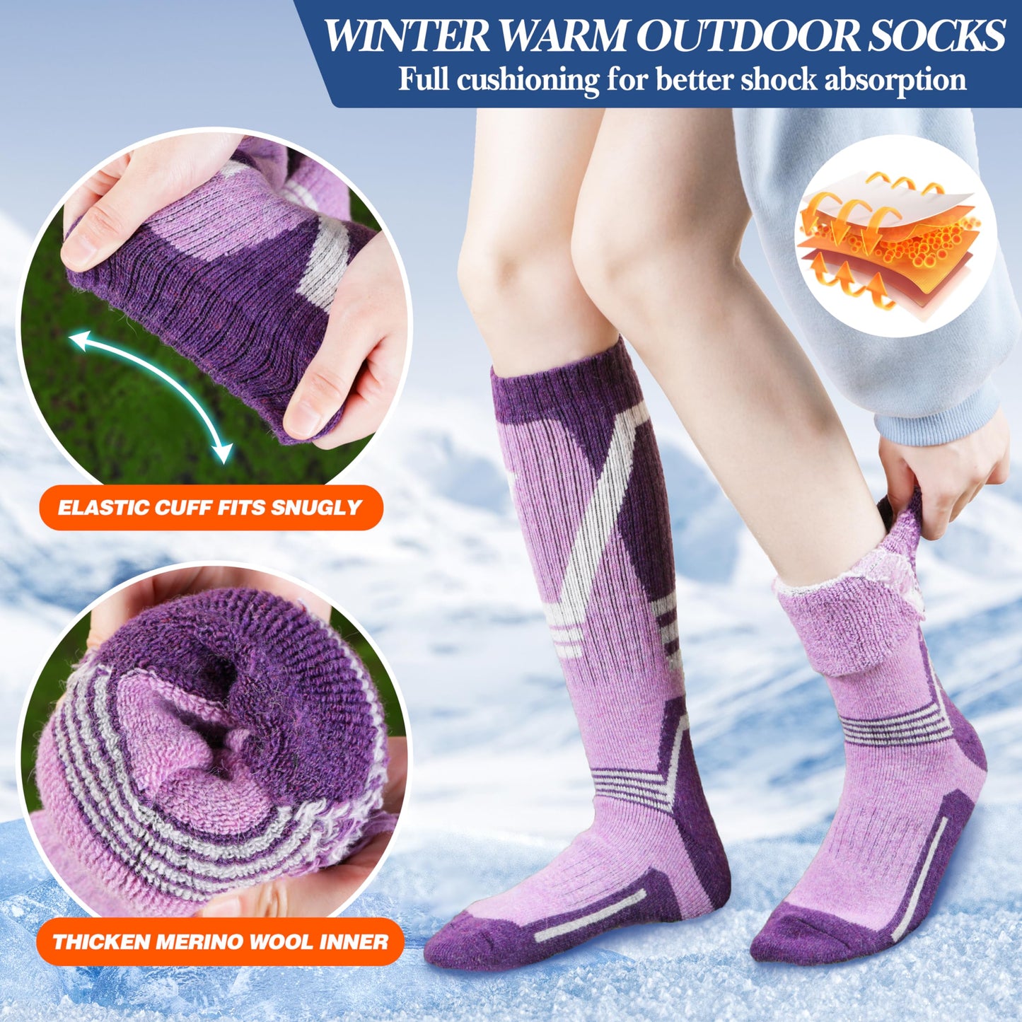 Merino Wool Ski Socks for Mens Womens Winter Thermal Warm Thick Knee High Snowboarding Skiing Socks for Cold Weather 3 Pairs Gifts Stocking Stuffers(Red/Blue/Purple,M)