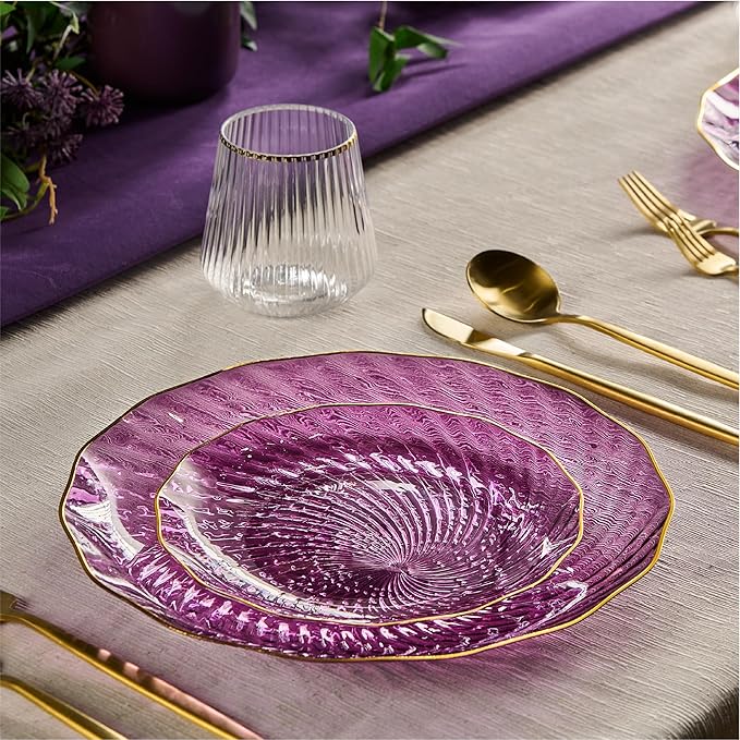 PLASTICPRO 60 Pack Plastic Plates Set of 30-10 inch Plates and 30-7 inch Plate, Elegant Clear Purple Spiral and Gold Rim Disposable Fancy Plate Premium Heavyweight