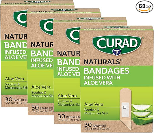 CURAD Naturals Aloe Vera & Vitamin E Bandages 0.75" x 3", Individually Wrapped Sterile Bandage, First Aid Kit Essential, Protects Scrapes and Cuts, Absorbent and Self-Adhesive, 30-Count - 4 Boxes