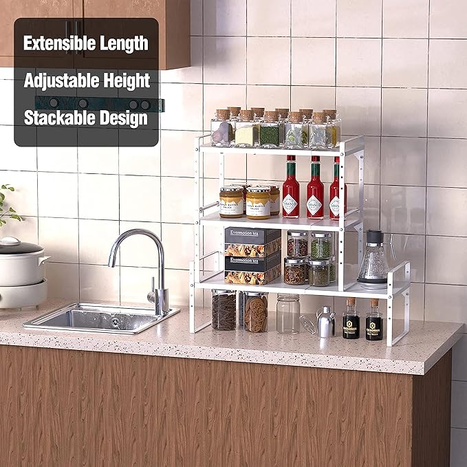Expandable Kitchen Cabinet Storage Shelf, Stackable Metal Pantry Storage Shelves Organizer, Adjustable Height Counter Spice Rack for Kitchen Cabinet, Countertop, Pantry and Office