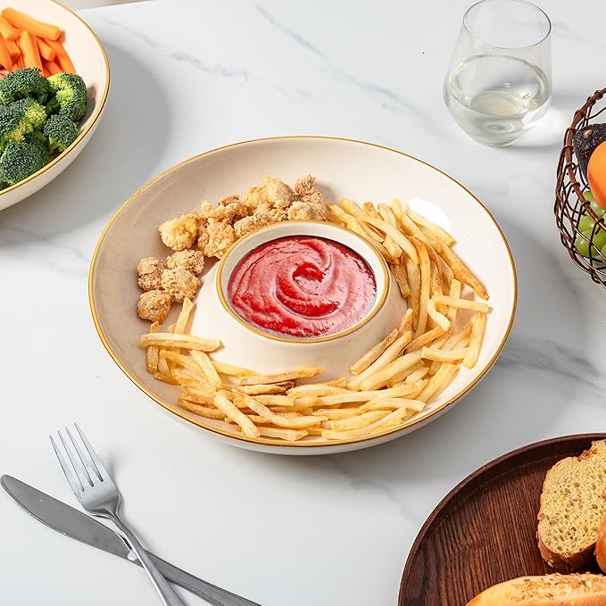 LEHAHA 12.25 inch porcelain Chip and Dip Serving Set, Ceramic Platters for Cheese, Appetizers &Chips Salsa, Fruit and Veggies, Divided Serving Trays for Family Gathering and Parties, Dark Creamy