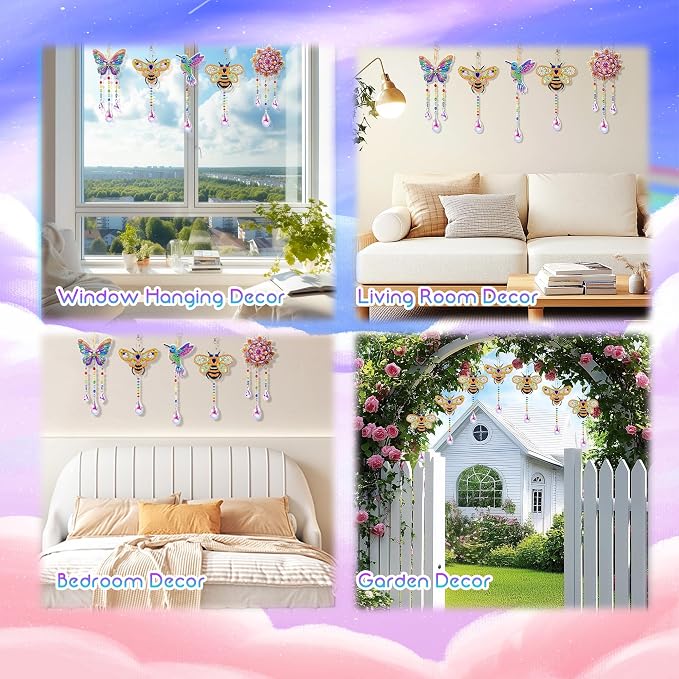 5Pcs Diamond art Kits for Kids/Adults, Crafts for Kids Ages 8-12, DIY Diamond Painting art Wind Chimes Crystal Window Suncatcher Craft, Birthday Gifts for 7 8 9 10 11 Year Old Girls, Home Garden Decor