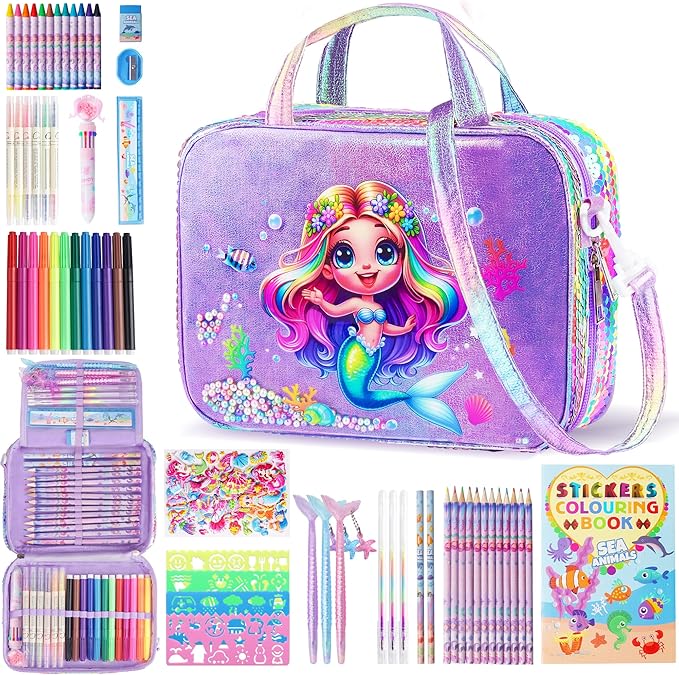 D-FantiX Mermaid Art Supplies Scented Washable Markers for Kids Ages 4-8, 63Pcs Arts and Crafts Kits with Convertible Bag, Travel Activity Drawing Stuff Coloring Set, Gift for 4-6-8-12 Year Old Girls