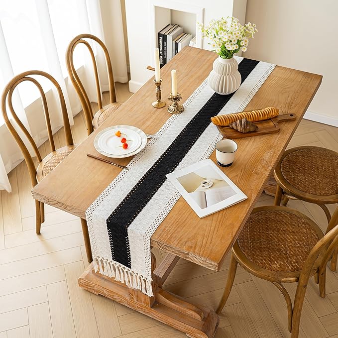 FEXIA Boho Table Runner for Home Decor with Tassels 108 Inches Long,Black Farmhouse Rustic Table Runner Macrame Burlap Table Decoration for Living Room Bridal Shower(12x108 Inches)